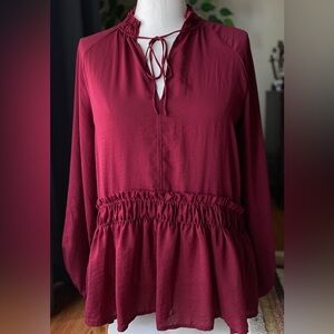 LOFT Burgundy Tie Neck Blouse